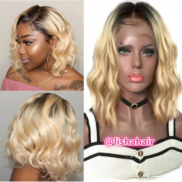 

dark roots blonde 1b 613 wavy bob lace front wigs blonde full lace wig for black women, Black;brown