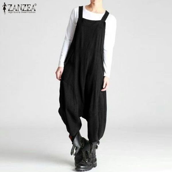 

oversized women's casual jumpsuits zanzea 2020 vintage overalls long heram pants female sleeveless playsuits summer rompers 5xl, Black;white