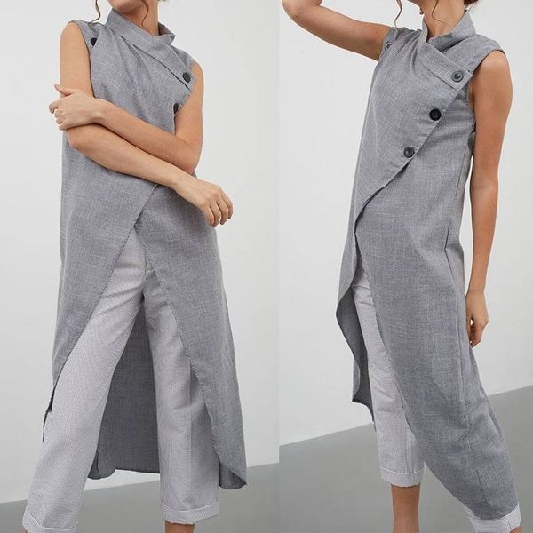 

woman women blouses summer fashion women long blouse sleeveless asymmetric irregular split tunic shirts buttons down blusas, White