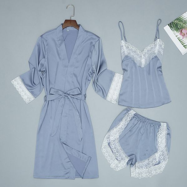 

gray summer women home wear pajamas 3pc strap pants suit sleepwear sets nightgown lady kimono robe bath gown nightdress, Black;red