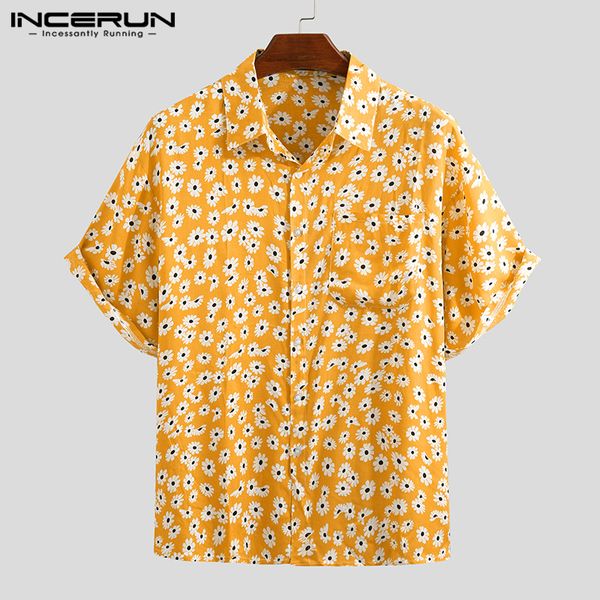

incerun summer men hawaiian shirt cotton short sleeve flower print blouse lapel beach casual 2020 camisas hombre streetwear 7, White;black