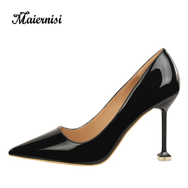 

maiernisi pu leather women pumps 9.5cm thin heels all-match high heel shoes for lady office ladies high heels leisure style, Black