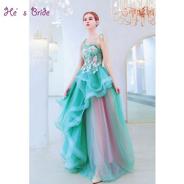 

he's bride new spaghetti strap green asymmetrical pleated appliques a-line formal evening dress long 2019 vestido de novia, White;black