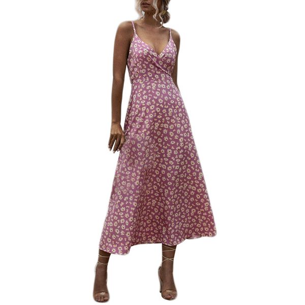 

summer mid-length skirt printed halter holiday skirt sweet long bohemian daisy dress, Black;gray