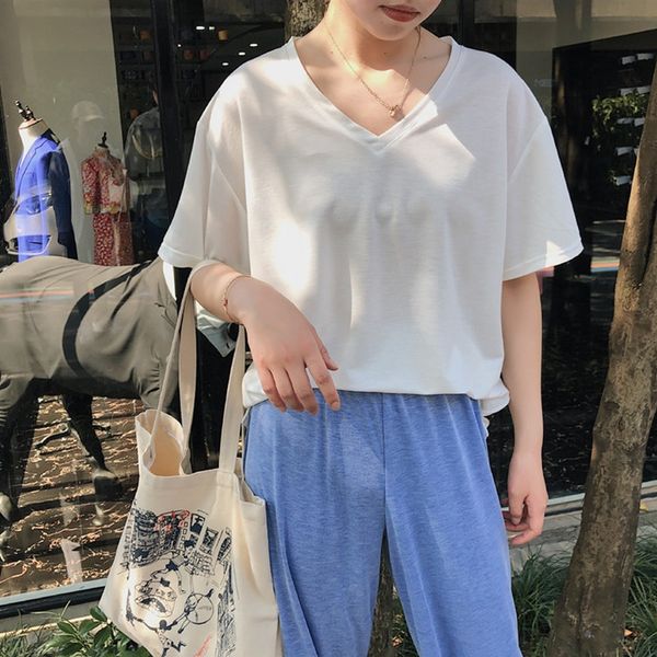 

white women's 2020 summer v-neck short-sleeved small machine women's t-shirt cotton cloth cotton cloth t-shirt