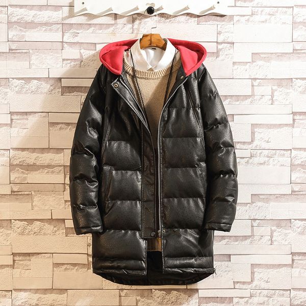 

men's winter mid-length thickened hoodie loose leather cotton-padded jacket slim fit coat thick warm homme's zipper jacket 10.28, Black