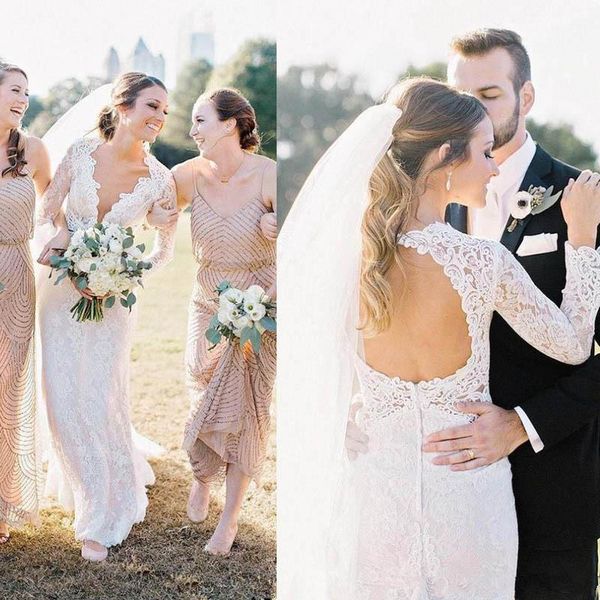 

Sexy Full Lace Mermaid V Neck Wedding Dresses Long Sleeves Custom Backless Garden Lace Bridal Gowns Plus Size Sexy Vestido de novia Z134