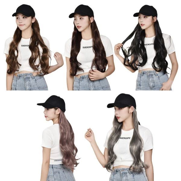 

women one-piece wig baseball hat with long curly big wave wigs, Black;white