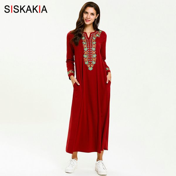 

siskakia elegant women dresses long ethnic geometric floral embroidery casual muslim dress plus size eid adha ramadan muslimah, Black;gray