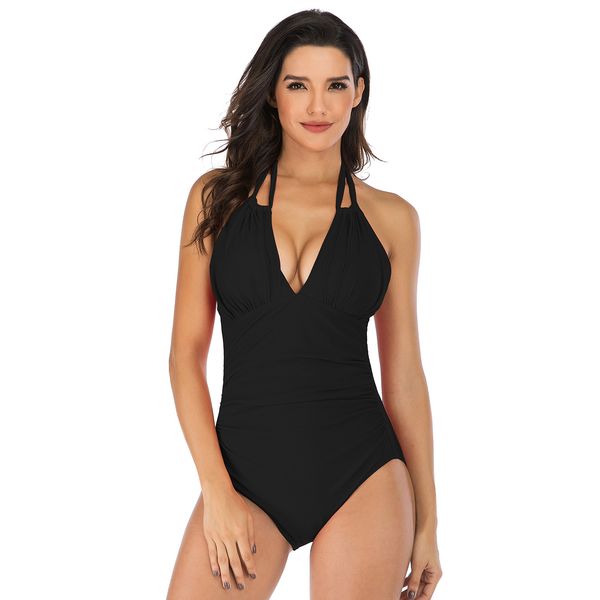 

wholesale 2020 models female swimwear hanging neck solid color one piece swimsuit conservative bikini for women, White;black