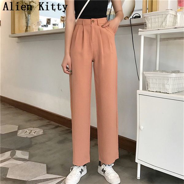 

alien kitty new design 2019 summer korea casual thin loose comfortable fresh slim straight solid high waist plus full pants, Black;white