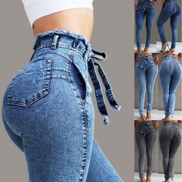 

plus size womens ladies casual high waist stretchy denim pants jeans pencil pant trouser s-5xl, Blue