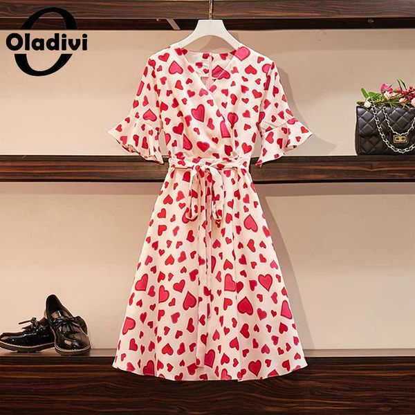 

oladivi plus size women love print chiffon dress elegant ladies vintage short sleeve slim knee length dresses summer new arrival, Black;gray