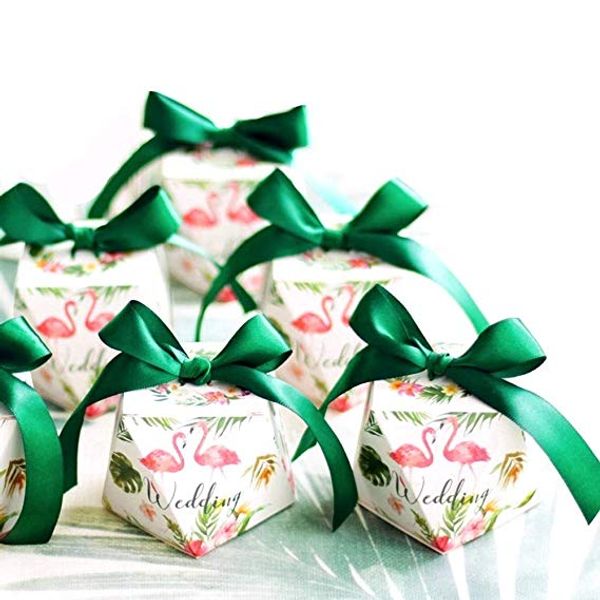 

diamond shape flamingo white favour boxes with green ribbons paper sweets box for wedding anniversary hen party