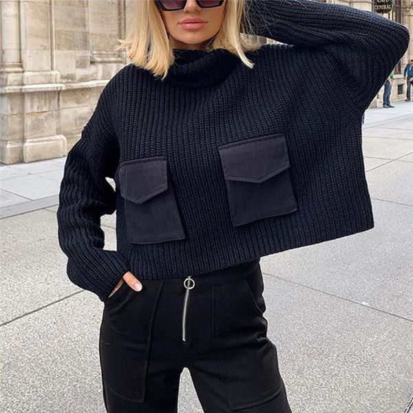 

drop sleeve turtleneck sweater women autumn winter patchwork pockets female pullover sweater streetwear ladies jumper, White;black