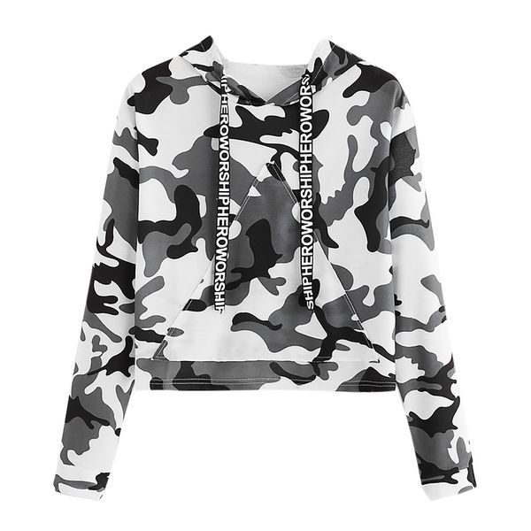 

women long sleeve camouflage printed hoodied sweatshirt jumper pullover short high waist roupas feminina, White