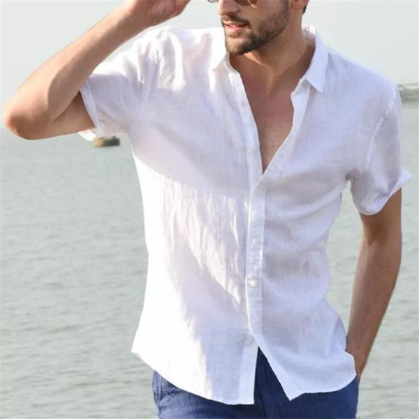

solid men casual shirts short sleeve slim fit turn-down collar cotton hot, White;black