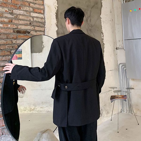 

outerwear men vintage fashion slit belt design loose business casual blazer jacket male streetwear hip hop suit coat, White;black