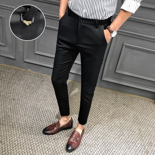 

gzdeerax solid color mens pants luxury business and casual ankle-length man suit pants slim fit nightclub male trousers, Black