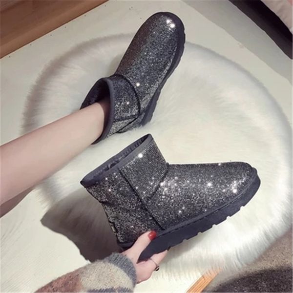 

feiyitu new add wool warm winter snow boots sequins short tube belt buckle flat cotton shoes add wool warm shoes 36-40, Black