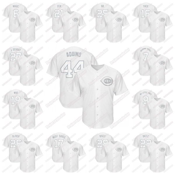 

44 Aristides Aquino AQUINO Cincinnati 2019 Players Weekend Reds Bauer Joy Votto WHO J OCHART Senzel Lil Senz Suarez Iglesias Dietrich Jersey