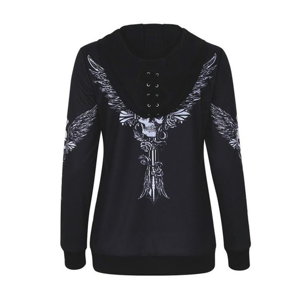 

2018 женщины angel wing skull печать zip up hoodie punk повседневного узелок с капюшоном пуловер, Black