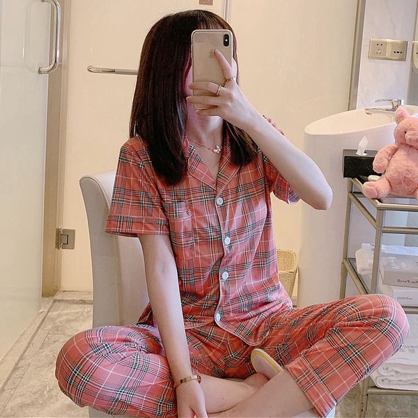 

2020 summer short sleeve long pants casual plaid pajama sets for women sleepwear suit pyjamas homewear pijama mujer home clothes, Blue;gray