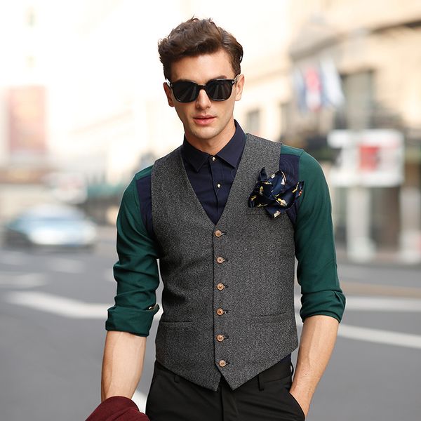 

new men's suit vest v neck wool herringbone tweed casual waistcoat formal business vest groomman for green/black/brown/coffee, Black;white