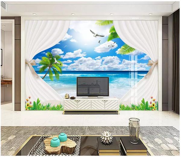 3d foto papel de parede personalizado 3d murais de parede papel de parede hd bela paisagem de sonho seascape coco árvore praia pintura de parede tv fundo parede