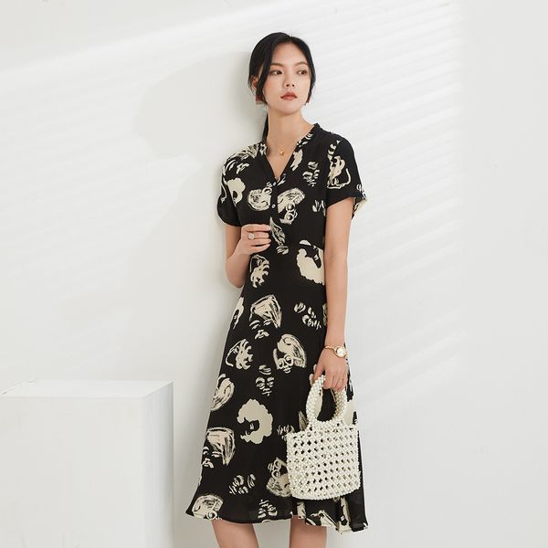 

casual dresses [ product] jin ju spring and summer v-neck print medium long wild silk dress, Black;gray