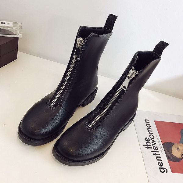 

2019 autumn and winter new british front zipper plus velvet short boots luxury designer thick heel mid-heel short motorcycle motorcycle mart, Black