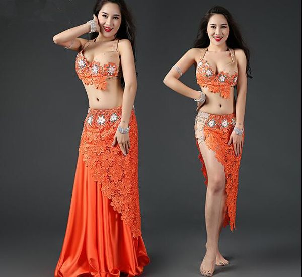 

4 piece women morden orinetal dance costume drum dance performance show lace clothes long skirt red orange ing, Black;red