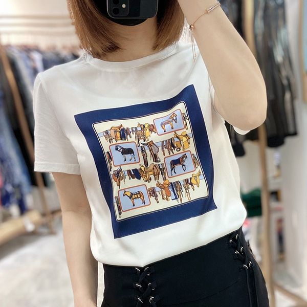 

stall типа ханчжоу небольшой рисунок лошади круглый шелк шеи короткое пальто футболки топ рукав футболки женщин 2020 slim топ женская одежда, White