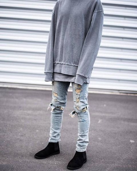 

mens high street омывается hole джинсы весна-лето светло-голубой черный тощий карманы дизайнер жан zipper fly карандаш штаны, Blue