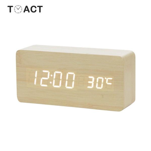 

led wooden digital alarm clock night light display temperature table clockes digital desk watch electronic feer shipping