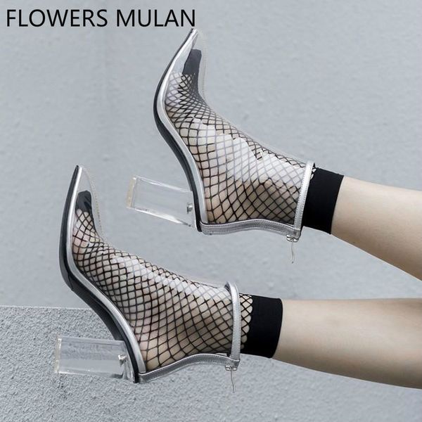

designers transparent pvc upper ankle boots for women pointed toe high square heels zapatos de mujer back zipper shoes woman, Black
