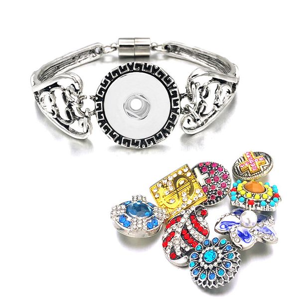 

luwellever carved flowers interchangeable 168a magnetic 18mm snap button bracelet&bangle charm jewelry for women men gift, Golden;silver