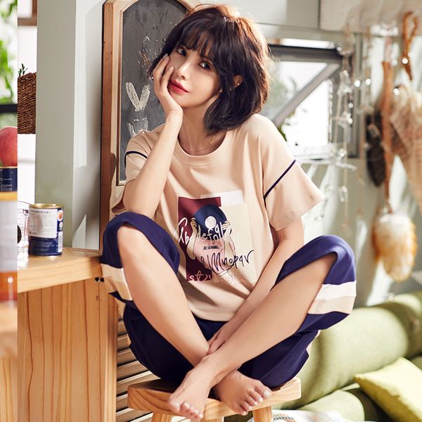 

summer woman 100% cotton casual graphics print pajamas outside wear short sleeve t-shirt calf-length pants set loose sleepwear, Blue;gray