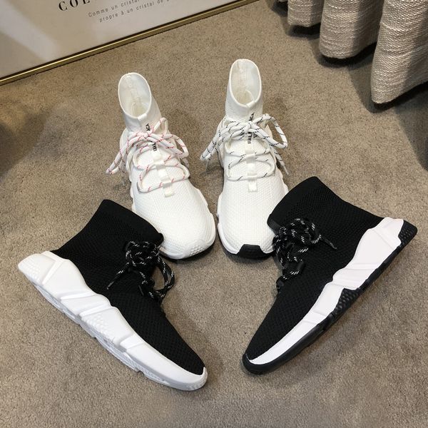 

2019 men women designer socks shoes speed trainer lace up mid black white yellow fashion mens trainers casual platform sneakers