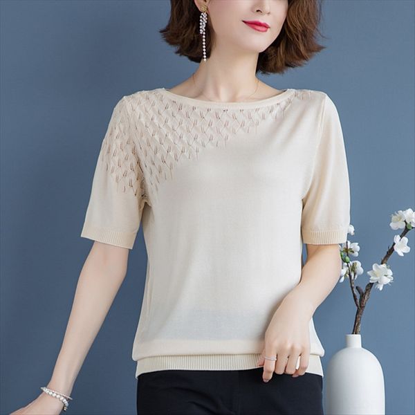 

hollow short-sleeved t- women's summer thin base loose solid color slim round neck ice silk sweater shirt sweater shirt, White