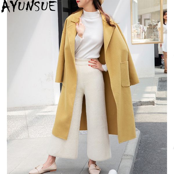 

ayunsue double side real wool coat 2019 autumn winter jacket women long woolen coats and jackets women korean outwear my3645, Black