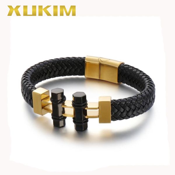

xb420 xukim jewelry 2019 new trendy black men leather bracelet, Golden;silver