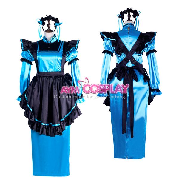 

lockable blue satin long hobble sissy maid dress, Black;red