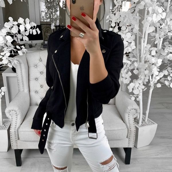 

2019 autumn and winter jacket new zipper female jacket lapel motorcycle european and american women's, Black;brown