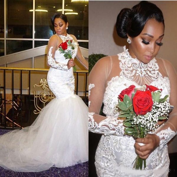 

plus size nigerian wedding dresses with lace appliques illusion long sleeves wedding gowns high neck bead crystal bridal dress african style, White