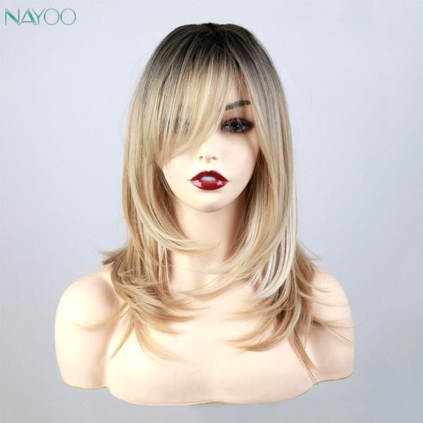 

synthetic wigs ombre brown ash blonde layered with bangs long wavy cosplay party heat resistant hair for women, Black