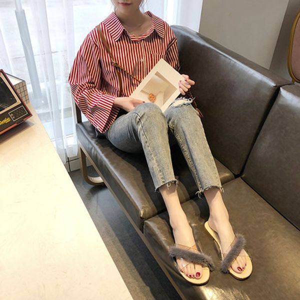 

2019 summer new transparent net red thick with fur crystal slippers women, Black