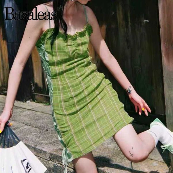 

bazaleas vintage slim drawstring women dress vestidos streetwear tartan green print spaghetti strap women mini dress, Black;gray