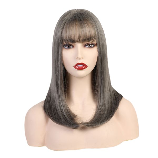 

16'' medium length straight bob wigs synthetic heat resistant natural wig - gray, Black