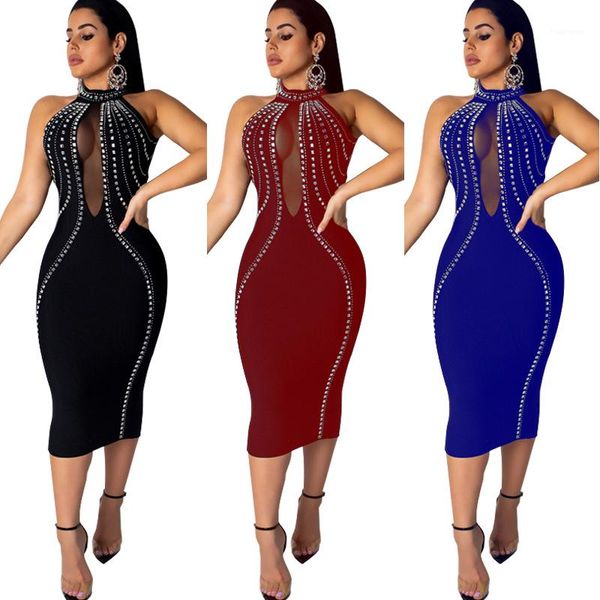 

backless sleeveless diamond skinny designer party dress womens mesh see through dress, White;black